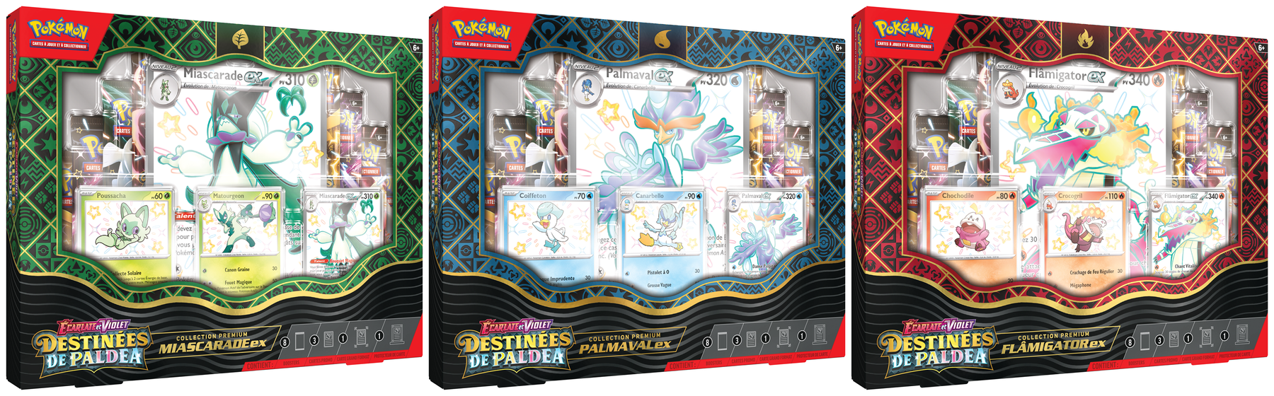 JCC Pokémon : X3 Collection Premium Destinées de Paldea (Miascarade EX, Flâmigator EX et Palmaval EX) EV4.5